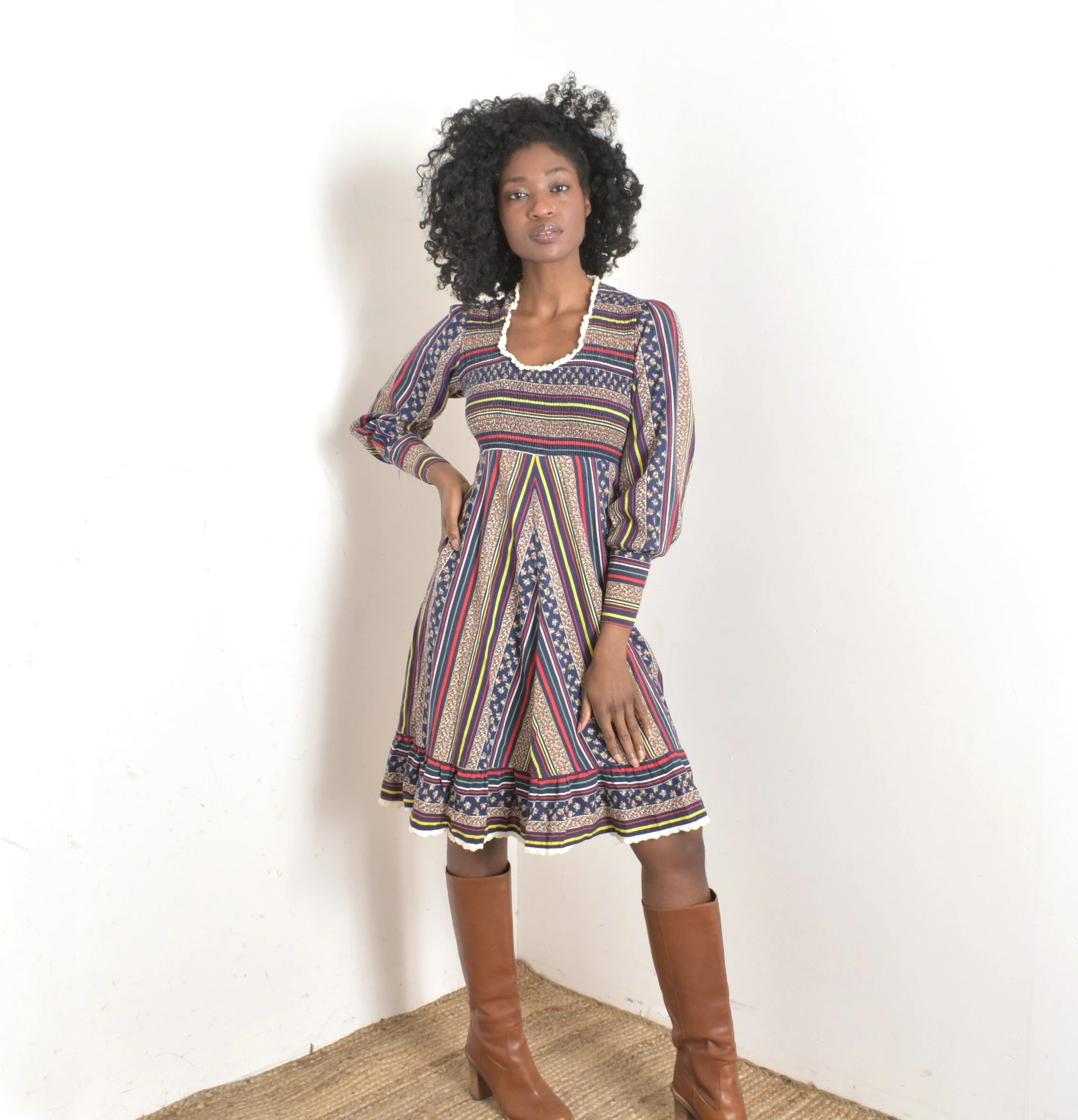 1970s Striped Floral Puff Sleeve Peasant Dress small La Poubelle Vintage